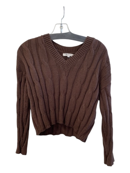 Madewell Size XS Chocolate Cotton Blend Cable Knit Long Sleeve V Neck Sweater Chocolate / XS