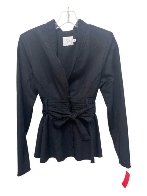 Aje. Size 6 Black Wool & Polyester Long Sleeve 2 button Blazer Pleat Jacket Black / 6