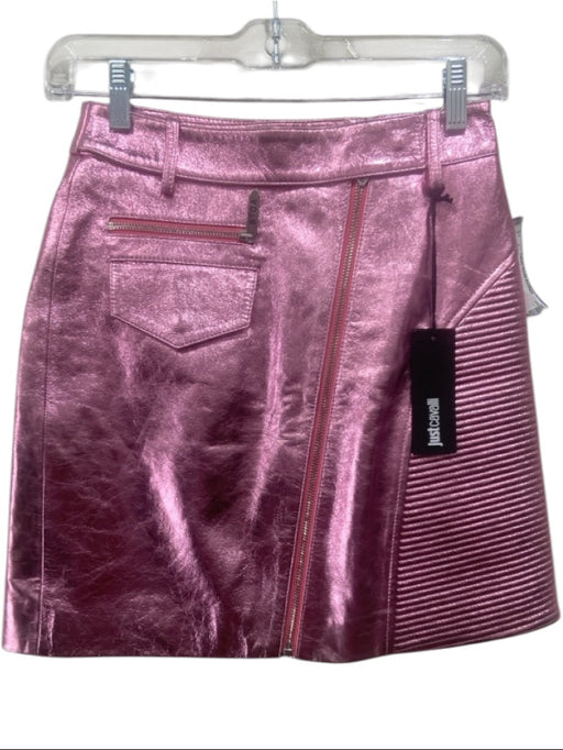 Just Cavalli Size 38 Pink Leather Metallic Moto Zippers Skirt Pink / 38