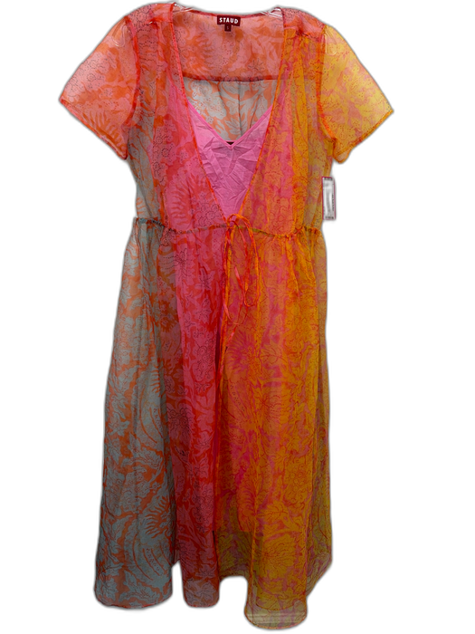 Staud Size S pink, yellow, blue Polyester & Cotton Short Sleeve Wrap Midi Dress pink, yellow, blue / S