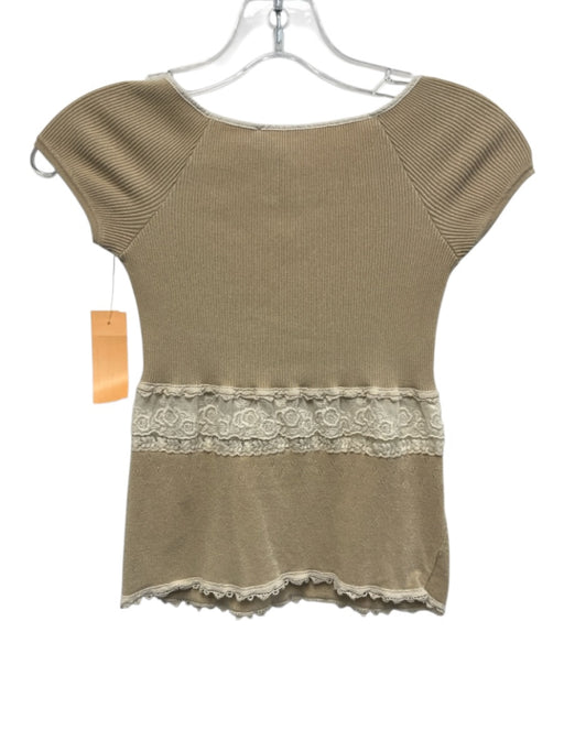 Blumarine Size 40 Beige & White Rayon Blend Short Sleeve Rib Knit Lace Top Beige & White / 40