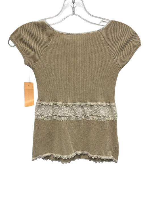 Blumarine Size 40 Beige & White Rayon Blend Short Sleeve Rib Knit Lace Top Beige & White / 40