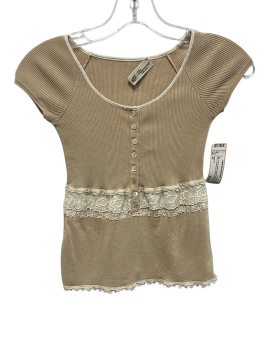 Blumarine Size 40 Beige & White Rayon Blend Short Sleeve Rib Knit Lace Top Beige & White / 40