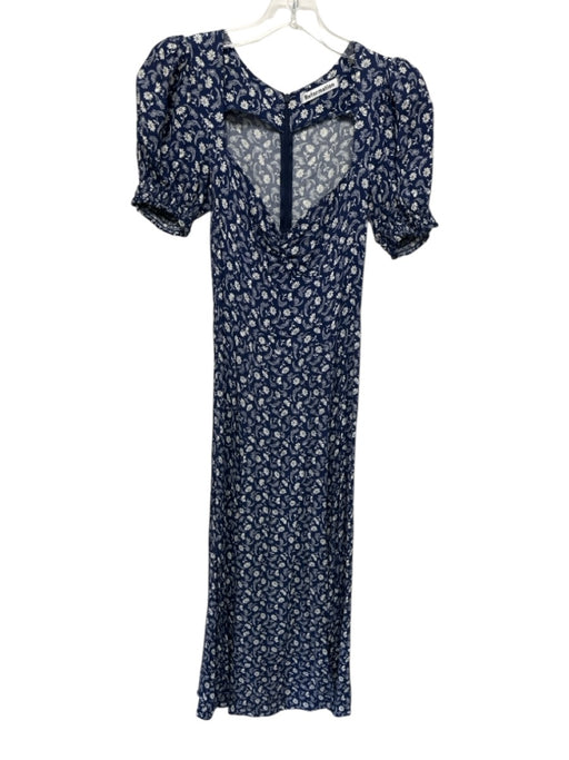Reformation Size 2 Navy & white Viscose Short Sleeve Floral Midi Dress Navy & white / 2