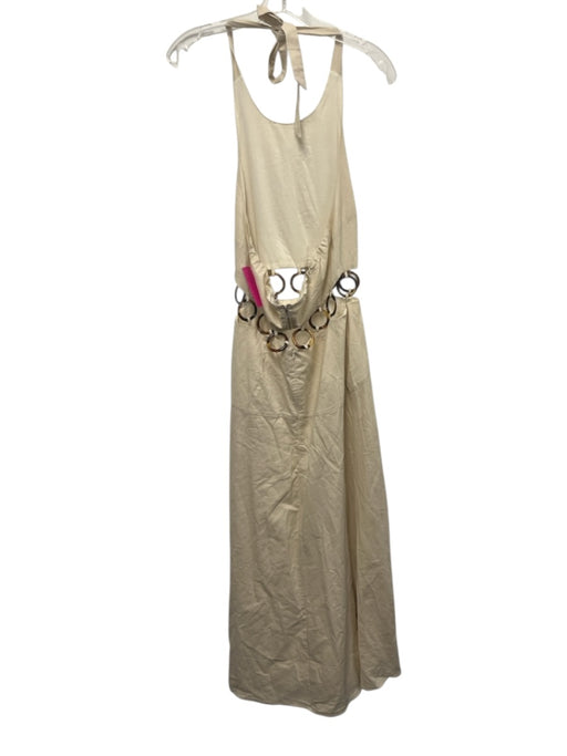 Seven Wonders Size M Cream & Brown Cotton Halter Tie Neck Cutout Detailing Dress Cream & Brown / M