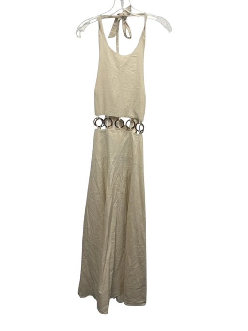 Seven Wonders Size M Cream & Brown Cotton Halter Tie Neck Cutout Detailing Dress Cream & Brown / M