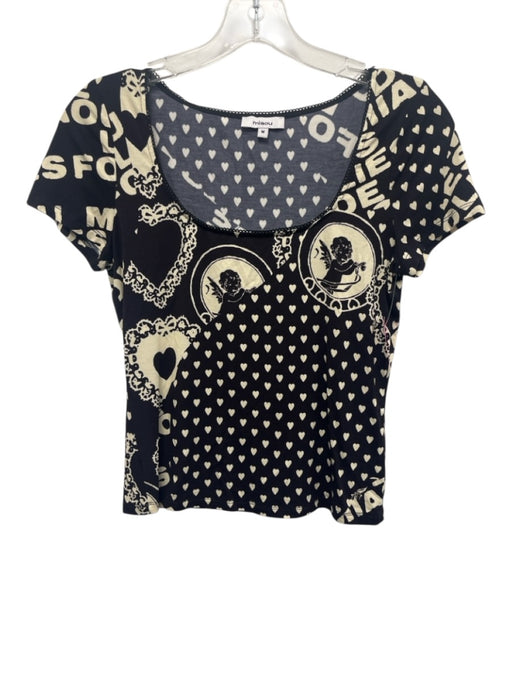 Miaou Size M Black & Cream Tencel & Spandex Short Sleeve Hearts Scoop Neck Top Black & Cream / M