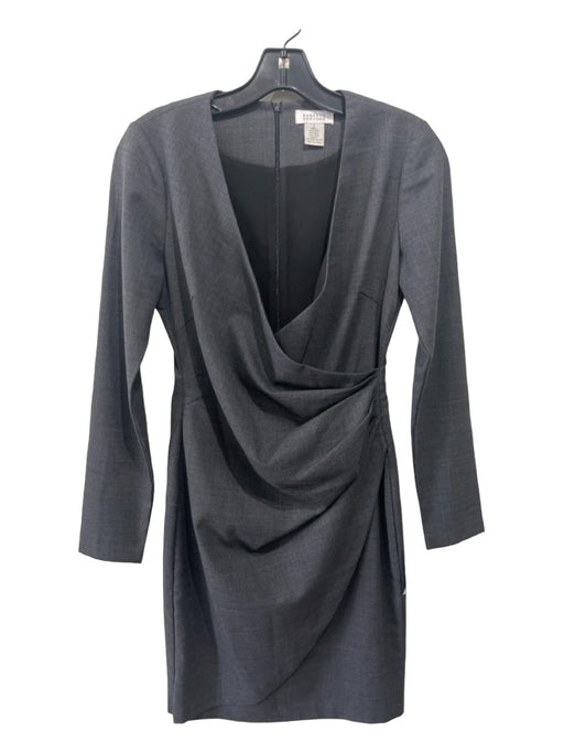 Barneys New York Size 2 Gray Wool Blend Surplice Side Gather Long Sleeve Dress Gray / 2