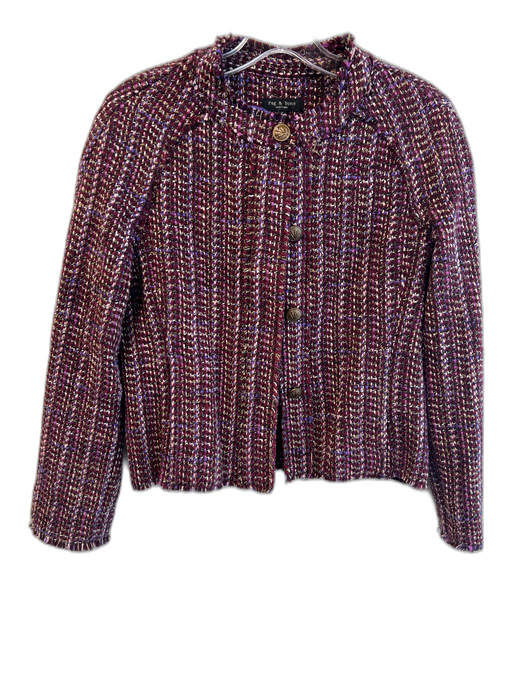 Rag & Bone Size 4 Maroon Cotton Tweed Round Neck Button Down Long Sleeve Jacket Maroon / 4