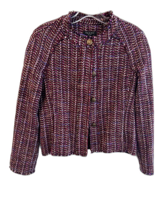 Rag & Bone Size 4 Maroon Cotton Tweed Round Neck Button Down Long Sleeve Jacket Maroon / 4