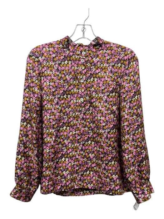 A.P.C Size 38 Purple & Yellow Print Silk Floral Half Button Long Sleeve Top Purple & Yellow Print / 38