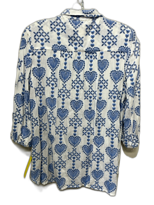 Johnny Was Jade Size XS Blue & White Rayon Long Sleeve Eyelet Embroidered Top Blue & White / XS