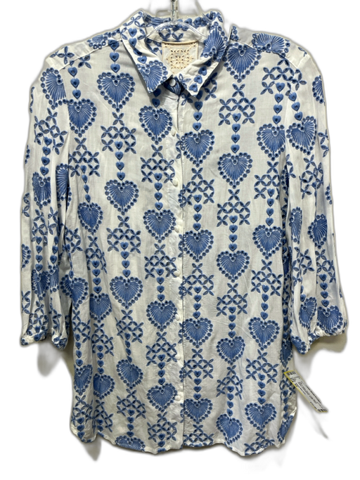 Johnny Was Jade Size XS Blue & White Rayon Long Sleeve Eyelet Embroidered Top Blue & White / XS