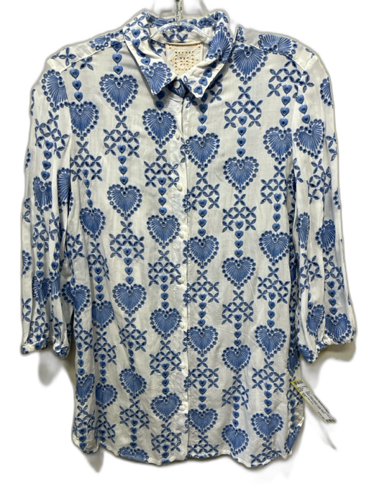 Johnny Was Jade Size XS Blue & White Rayon Long Sleeve Eyelet Embroidered Top Blue & White / XS