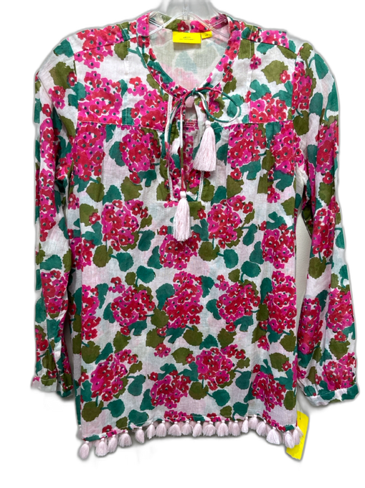 Roller Rabbit Size XS Pink, Green, Red Cotton Long Sleeve Floral Tassels Top Pink, Green, Red / XS