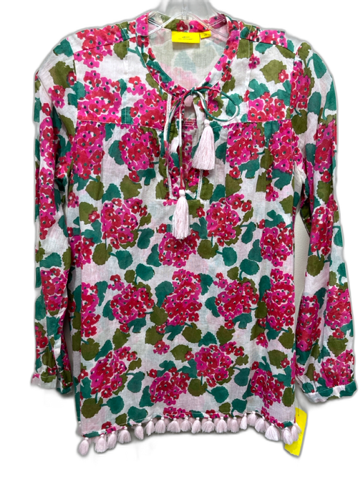 Roller Rabbit Size XS Pink, Green, Red Cotton Long Sleeve Floral Tassels Top Pink, Green, Red / XS