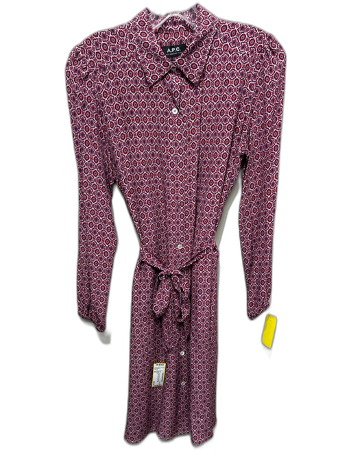 A.P.C Size 38 Red, Pink, Blue Silk Long Sleeve Abstract Print Button Front Dress Red, Pink, Blue / 38