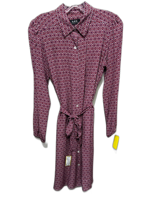 A.P.C Size 38 Red, Pink, Blue Silk Long Sleeve Abstract Print Button Front Dress Red, Pink, Blue / 38