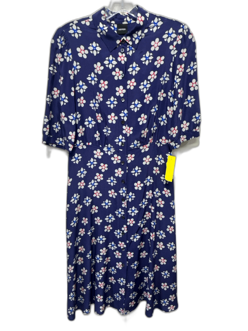 Aspesi Size 40 Blue, White, Red Silk Short Puff Sleeve Floral Button Front Dress Blue, White, Red / 40