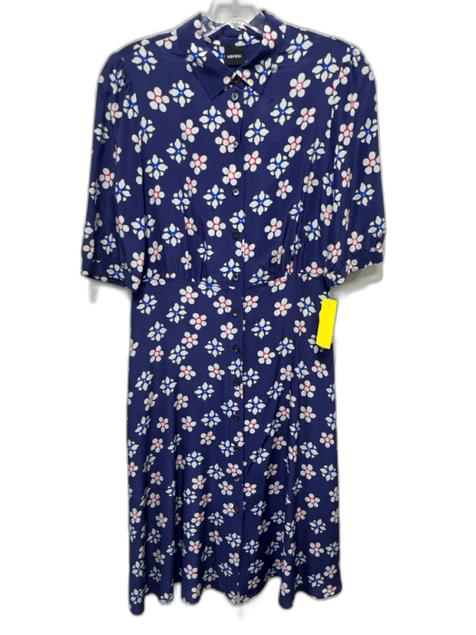 Aspesi Size 40 Blue, White, Red Silk Short Puff Sleeve Floral Button Front Dress Blue, White, Red / 40