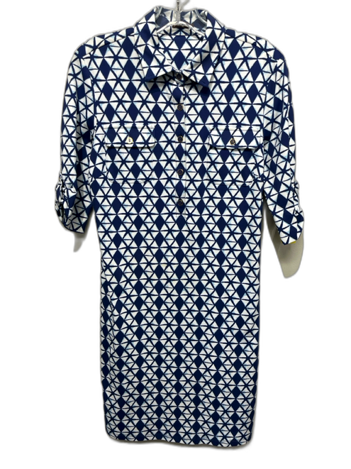 J Mclaughlin Size Small Blue & White Nylon Blend 3/4 Sleeve Quarter Button Dress Blue & White / Small