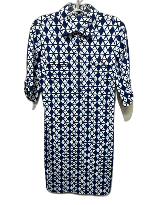 J Mclaughlin Size Small Blue & White Nylon Blend 3/4 Sleeve Quarter Button Dress Blue & White / Small