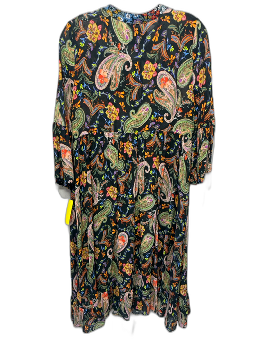 Johnny Was Jade Size XS Black & Multi Viscose Long Trumpet Sleeve Tie Neck Dress Black & Multi / XS