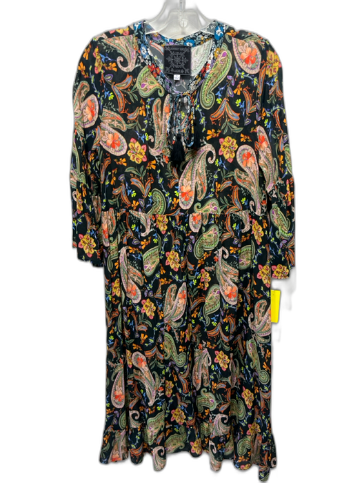 Johnny Was Jade Size XS Black & Multi Viscose Long Trumpet Sleeve Tie Neck Dress Black & Multi / XS