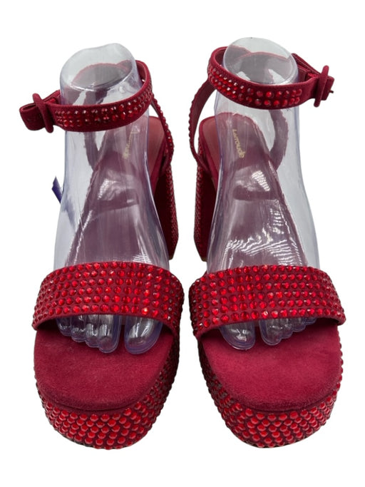Larroude Shoe Size 10 Red Suede Rhinestone Platform Ankle Buckle Toe strap Pumps Red / 10