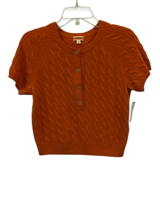 J Crew Size S Orange Cashmere Short Sleeve Cable Knit 1/4 Button Top Orange / S