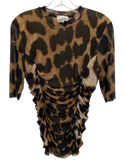 Ganni Size 38 Brown & Black Polyamide Short Sleeve Animal Print Mesh Top Brown & Black / 38