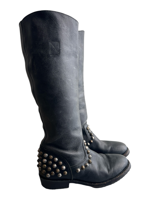 Ash Shoe Size 38 Black Leather Round Toe Studded Side Zip Calf Length Boots Black / 38