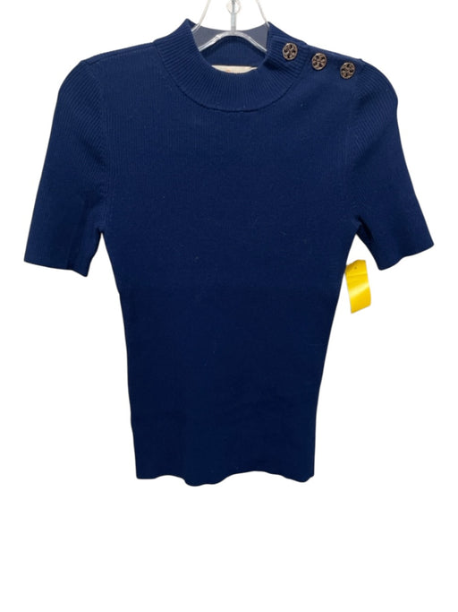 Tory Burch Size M Blue Viscose Blend Ribbed Short Sleeve Button Detail Top Blue / M