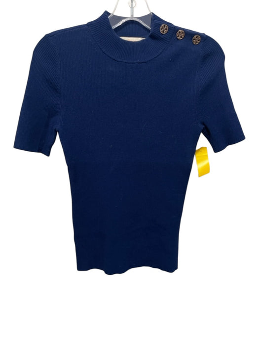 Tory Burch Size M Blue Viscose Blend Ribbed Short Sleeve Button Detail Top Blue / M
