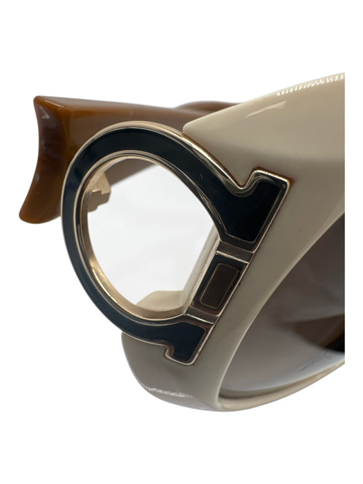 Ferragamo Cream, Brown, Gold Plastic color block Logo Round Lens Sunglasses Cream, Brown, Gold