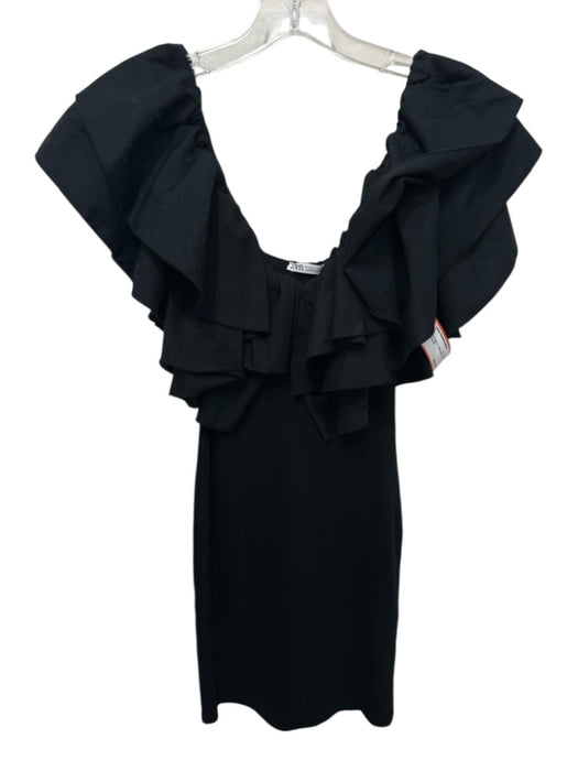 Zara Size S Black Cotton Ribbed Ruffle Detail Cap Sleeve Dress Black / S