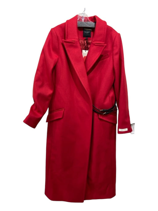 Ted Baker Size 3/Large Red Wool Blend Belted Lapel Flat Pocket Full Length Coat Red / 3/Large