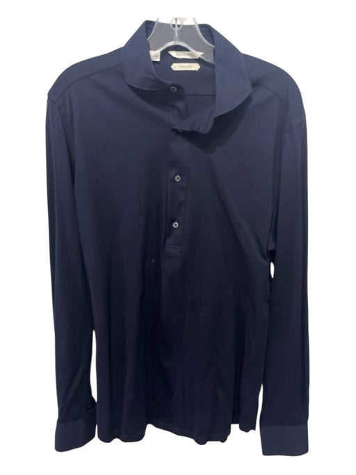 Suitsupply Size 16.5 Navy Cotton Blend Solid Polo Men's Long Sleeve Shirt 16.5