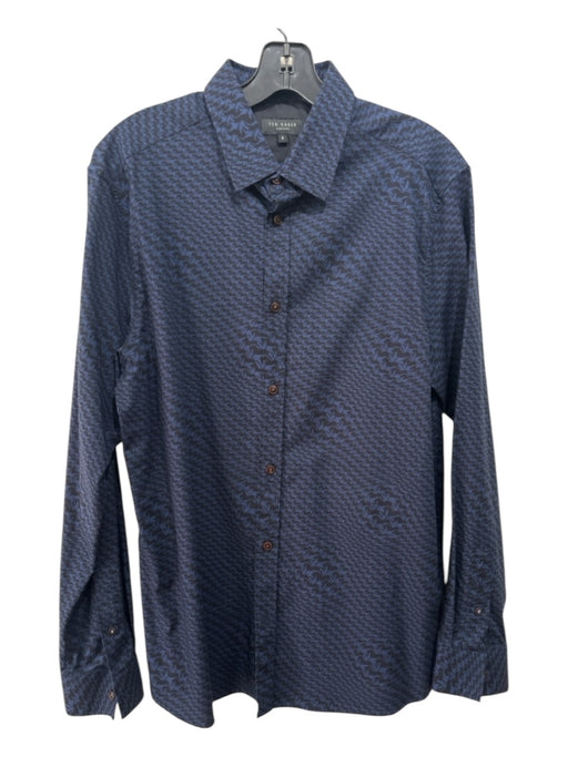 Ted Baker Size 4 Blue & Navy Cotton Blend Abstract Button Down Long Sleeve Shirt 4