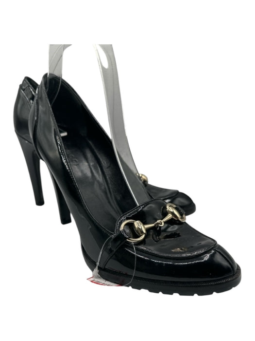 Gucci Shoe Size 8.5 Black Patent Leather Horsebit Lug sole Gold Hardware Pumps Black / 8.5