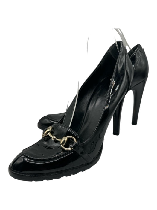 Gucci Shoe Size 8.5 Black Patent Leather Horsebit Lug sole Gold Hardware Pumps Black / 8.5