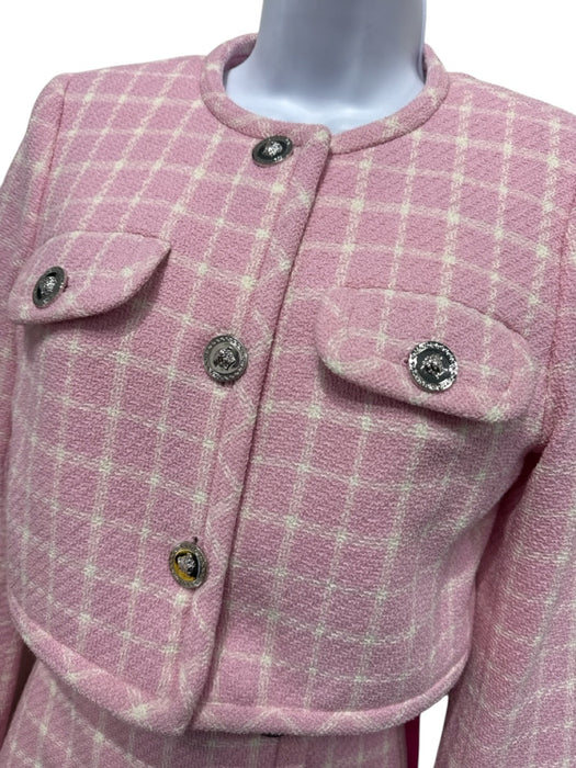 Versace Size XS Pink & Cream Wool Blend Boucle Windowpane Cropped Skirt Set Pink & Cream / XS