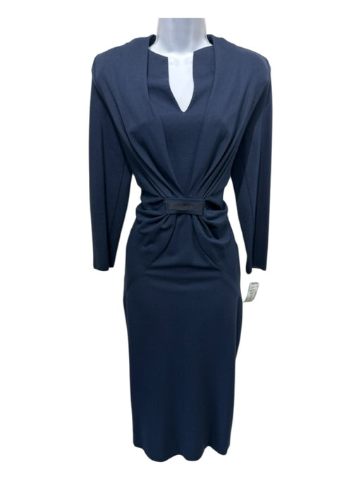 Giorgio Armani Size 50 Navy Viscose Blend Shoulder Pads V Neck Gathered Dress Navy / 50
