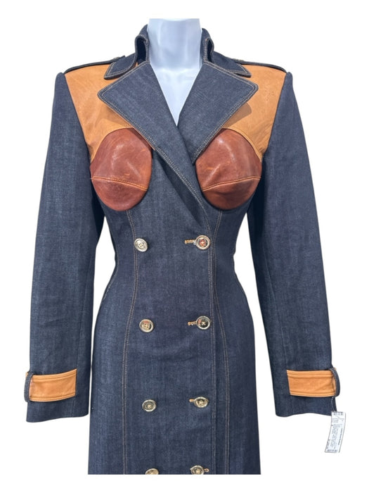 Sergio Hudson Size 4 Dark Wash & Brown Denim & Leather Cupped Fabric Block Coat Dark Wash & Brown / 4