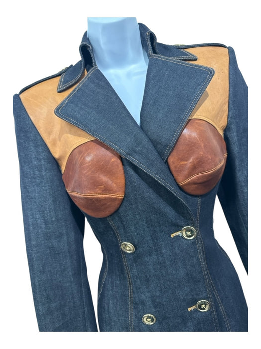 Sergio Hudson Size 4 Dark Wash & Brown Denim & Leather Cupped Fabric Block Coat Dark Wash & Brown / 4