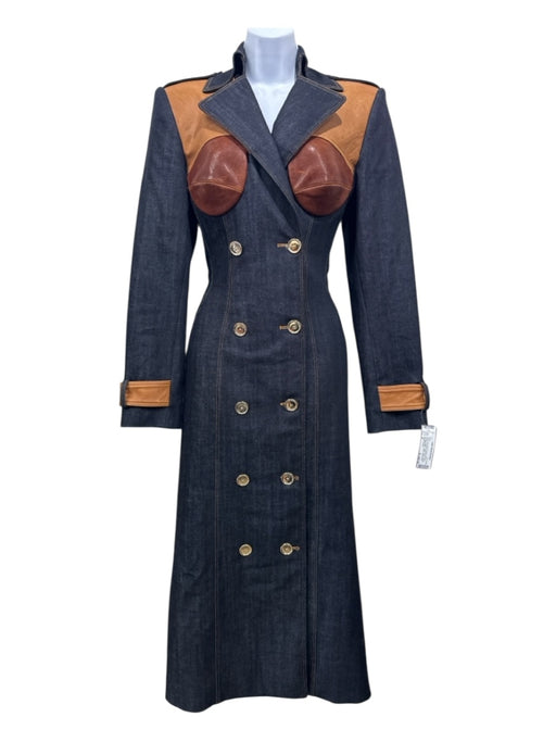 Sergio Hudson Size 4 Dark Wash & Brown Denim & Leather Cupped Fabric Block Coat Dark Wash & Brown / 4
