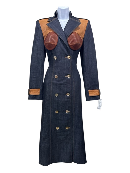 Sergio Hudson Size 4 Dark Wash & Brown Denim & Leather Cupped Fabric Block Coat Dark Wash & Brown / 4