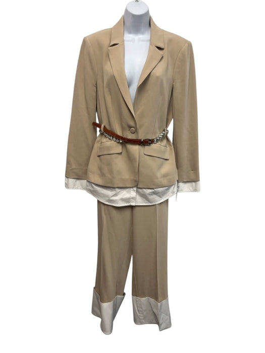 Cinq a Sept Size 6 Beige & White Triacetate Blend Long Sleeve Crystals Pant Set Beige & White / 6
