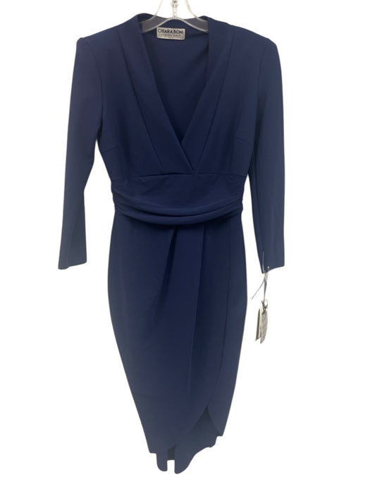 Chiara Boni Size 10 Navy Blue Long Sleeve Surplice Ruched Midi Dress Navy Blue / 10
