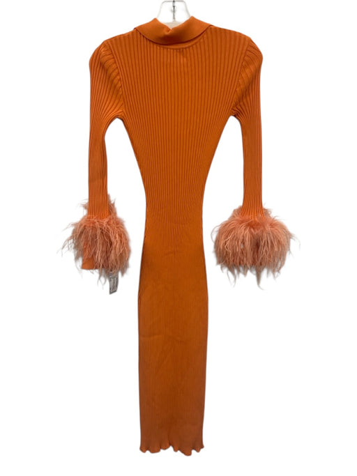 Fumi Size Small Orange Viscose Blend Long Sleeve Feather Trim Button Front Dress Orange / Small